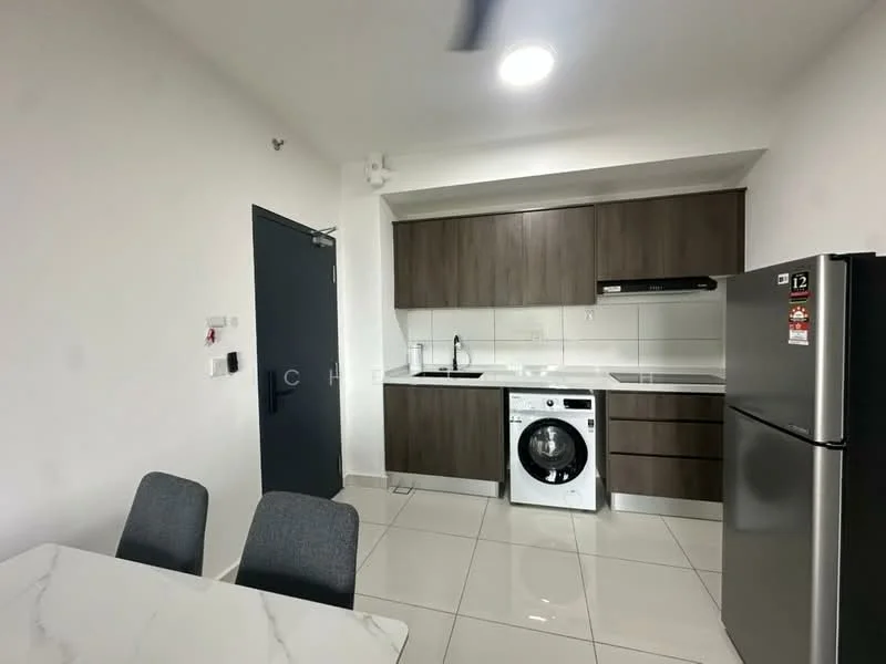 Kitchen features: white walls, grey cabinetry, marble dining table, 4 grey upholstered dining chairs, stainless-steel fridge, built-in oven, 4-burner gas hob, stainless-steel range hood, single-bowl washing machine, white countertop, ceramic tile flooring, recessed downlights; style: modern.