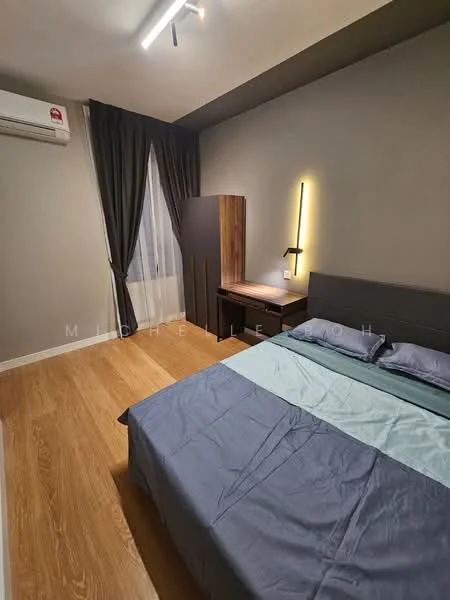 Bedroom features: king-size bed with grey bedding, wooden flooring, grey painted walls, floor-to-ceiling window with sheer curtains, 1 wall-mounted split AC, wooden bedside table, desk with lamp, decorative wall light; style: modern.