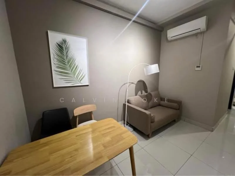 Room features: light grey painted walls, white ceiling, white floor tiles, 1 wall-mounted split AC, 3-blade ceiling fan, 2-seater fabric sofa in beige, wooden dining table, black dining chair, floor lamp with white shade, framed artwork with leaf design; style: modern.