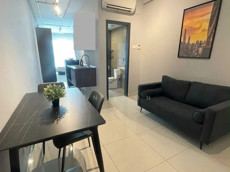 Living features: black fabric sofa, dining table with black finish, 4 black dining chairs, white walls, glossy white tile flooring, air conditioning unit, framed artwork on wall, floor-to-ceiling window with sheer curtains; style: modern; view: city. Kitchen features: kitchen counter with dark cabinetry, stainless-steel sink, chrome pull-down faucet, built-in oven, stainless-steel range hood, ceramic tile backsplash; style: modern. Bathroom features: one-piece toilet, walk-in shower with glass enclosure, vanity with sink, tile cladding, mirror above vanity; style: modern.