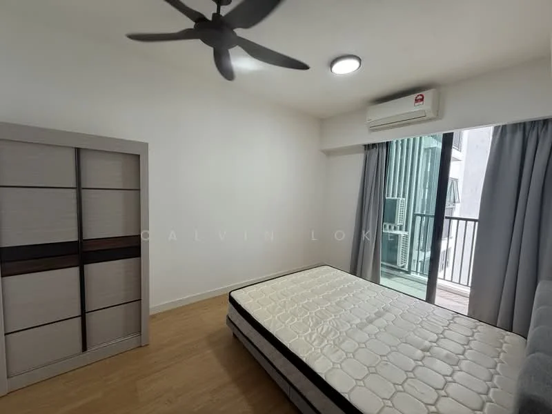 Bedroom features: wooden flooring, white painted walls, 5-blade ceiling fan, wall-mounted split AC, floor-to-ceiling windows, sliding glass door, curtains, built-in wardrobe, unmade bed with mattress; style: modern.