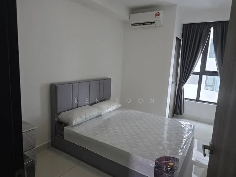 Bedroom features: queen-size bed with upholstered headboard, white bedding, 2 bedside tables, 1 wall-mounted split AC, floor-to-ceiling window, grey curtains, white painted walls, tile flooring; style: modern.