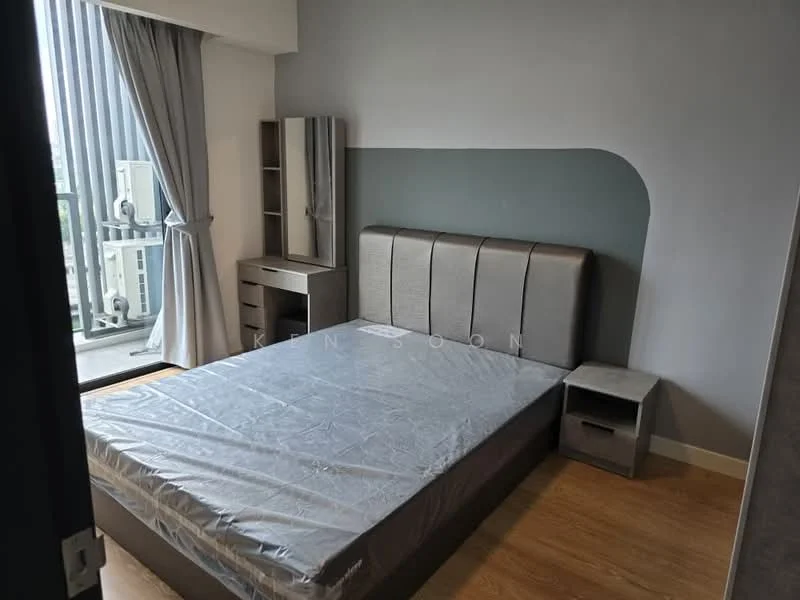 Bedroom features: queen-size bed with grey upholstered headboard, wooden bedside table, wooden dresser with mirror, floor-to-ceiling windows with sheer curtains, grey painted walls, laminate flooring, balcony access, built-in wardrobe; style: modern; view: city.