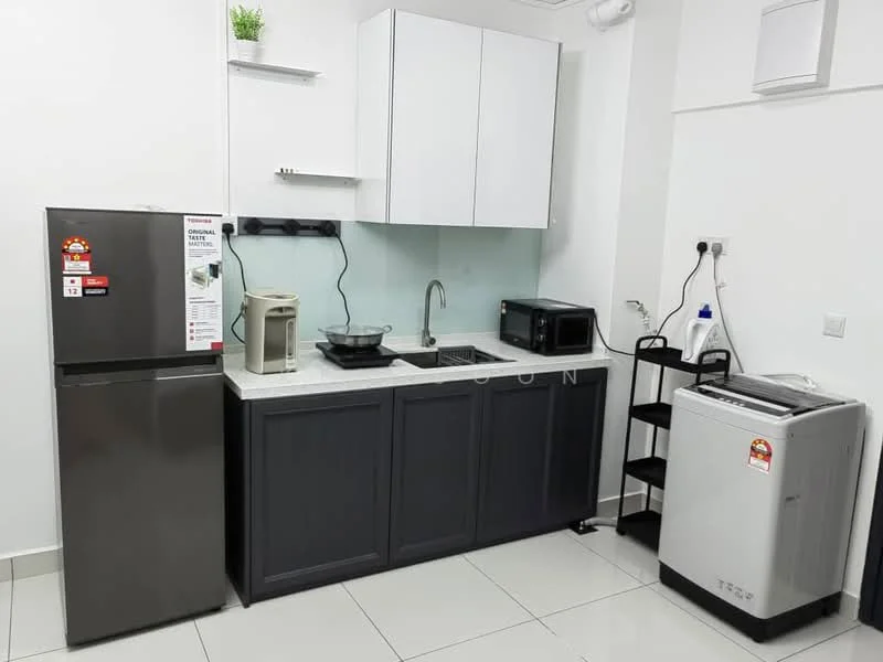 Kitchen features: grey cabinetry, white upper cabinets, marble countertop, stainless-steel fridge, microwave, electric stove, kitchen sink, dishwasher, wall-mounted extractor fan, tile backsplash, open shelving, floor tiles, recessed lighting, small plant decoration; style: modern.