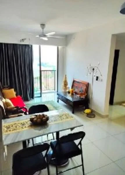 Living features: floor-to-ceiling windows, sliding glass door, 5-blade ceiling fan, cream painted walls, white tiled flooring, sofa chair in brown, wooden coffee table, dining table with 4 black chairs, decorative wall art, curtains in dark fabric, decorative vase, area rug; style: modern; view: city.