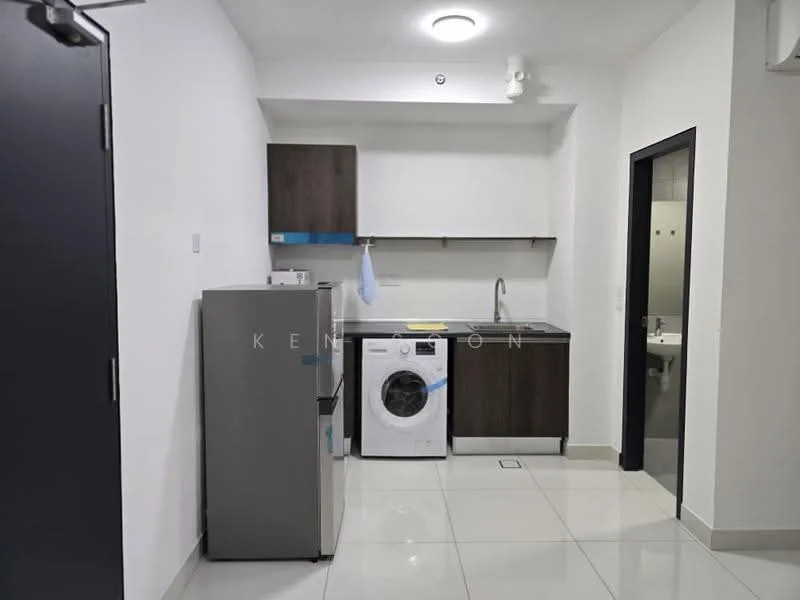 Kitchen features: white painted walls, glossy tile flooring, dark wood cabinetry, stainless-steel fridge, front-load washing machine, single-bowl stainless-steel sink, chrome pull-down faucet, open shelving, recessed ceiling lights; style: modern.