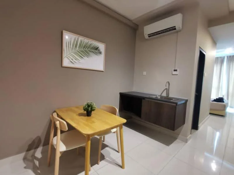 Room features: light grey painted walls, white ceiling, white tiled flooring, wooden dining table, 2 white chairs, single-bowl stainless-steel sink, dark wood cabinetry, wall-mounted split AC, framed artwork with leaf design, window with sheer curtains; style: modern.