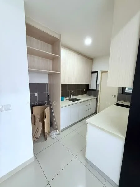 Kitchen features: white cabinetry, light wood cabinetry, countertop with light color, single-bowl stainless-steel sink, chrome pull-down faucet, ceramic tile flooring, built-in shelving, wall-mounted cabinets, neutral wall color, window for natural light; style: modern.