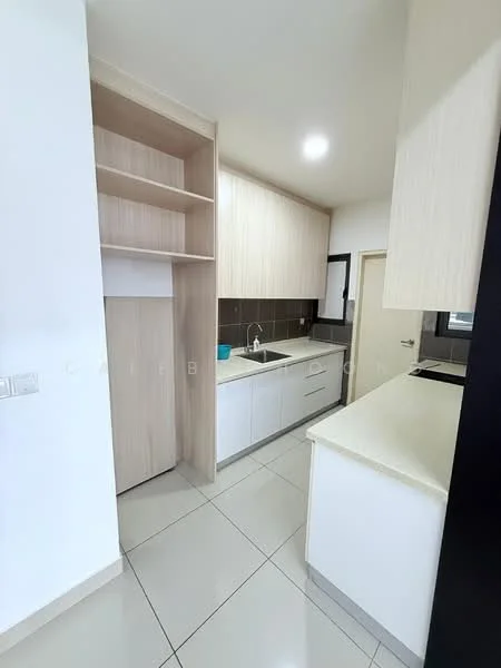 Kitchen features: white cabinetry, light wood cabinetry, granite countertop, single-bowl stainless-steel sink, chrome pull-down faucet, black backsplash, built-in oven, ceramic tile flooring, recessed downlights, open shelving, kitchen island, wall-mounted cabinets; style: modern.