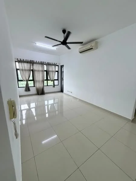 Living features: white painted walls, glossy ceramic tile flooring, 5-blade ceiling fan, floor-to-ceiling windows, sheer curtains, wall-mounted split AC, natural light from windows, neutral color scheme; style: modern; view: garden.