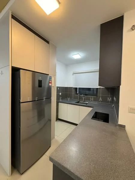 Kitchen features: stainless-steel fridge, grey countertop, white cabinetry, black accent wall, single-bowl stainless-steel sink, chrome pull-down faucet, ceramic tile flooring, recessed LED downlights, window with blinds, built-in oven, 4-burner gas hob; style: modern.