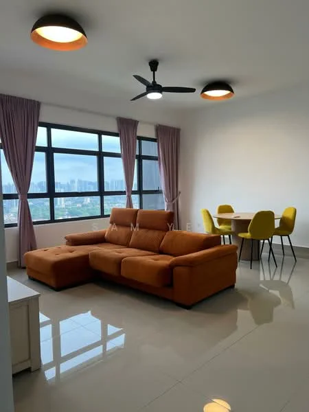 Living features: orange L-shape sectional sofa, 5-blade ceiling fan with light, floor-to-ceiling windows, grey curtains, white walls, glossy tile flooring, round dining table, 4 yellow dining chairs, TV console, decorative wall art; style: modern; view: city.