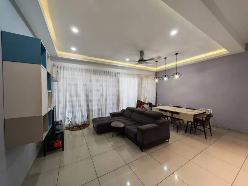 Living features: grey fabric sectional sofa, coffee table, dining table with chairs, TV console, wall-mounted TV, floor-to-ceiling windows with sheer curtains, recessed downlights, ceiling fan, glossy tile flooring, light grey painted walls, decorative wall shelving, LED strip lighting on ceiling; style: modern.