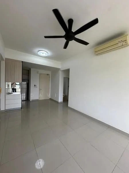 Living features: white painted walls, glossy tile flooring, 5-blade ceiling fan, wall-mounted split AC, recessed ceiling light, open layout, large window, neutral color scheme; style: modern.