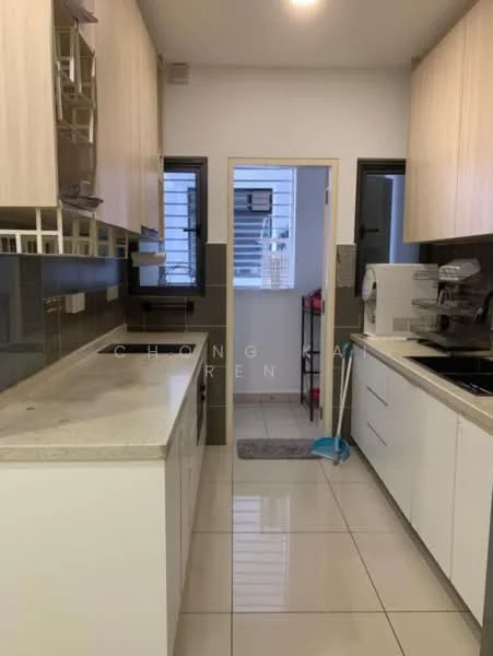 Kitchen features: white shaker cabinets, grey countertop, stainless-steel sink, chrome pull-down faucet, built-in oven, freestanding range oven, ceramic tile flooring, wall-mounted cabinets, window with grid pattern, sliding door, kitchen island, recessed downlights; style: modern.
