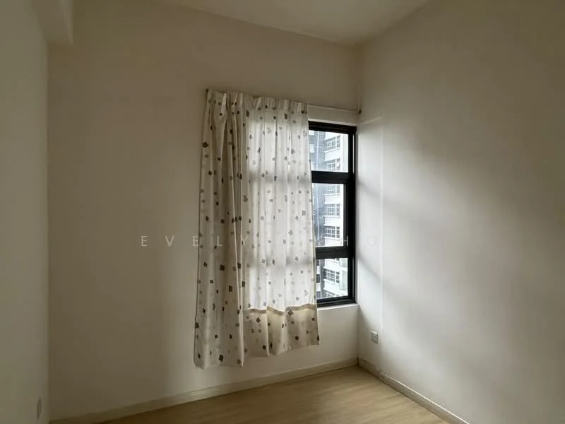 Room features: white painted walls, light wood flooring, floor-to-ceiling window, curtains with polka dot pattern.
