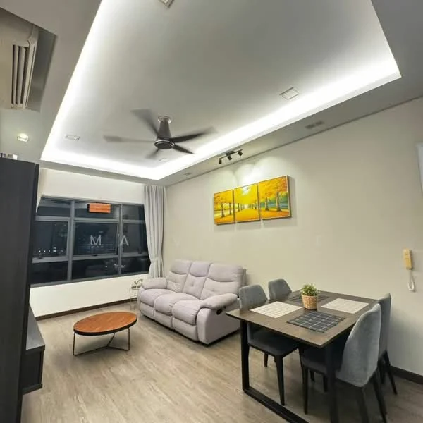Living features: grey fabric 3-seater sofa, round wooden coffee table, 4-seater dining table, upholstered dining chairs, recessed LED downlights, 5-blade ceiling fan with light, floor-to-ceiling windows, curtains, wooden flooring, decorative wall art with landscape theme; style: modern; view: city.