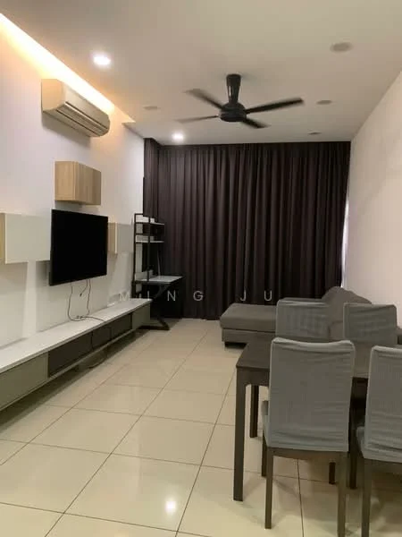 Living features: wall-mounted TV, light-colored wall with built-in shelving, dark brown curtains, 5-blade ceiling fan, air conditioning unit, grey sectional sofa, dining table with grey upholstered chairs, glossy tile flooring, recessed lighting, decorative wall paneling; style: modern.