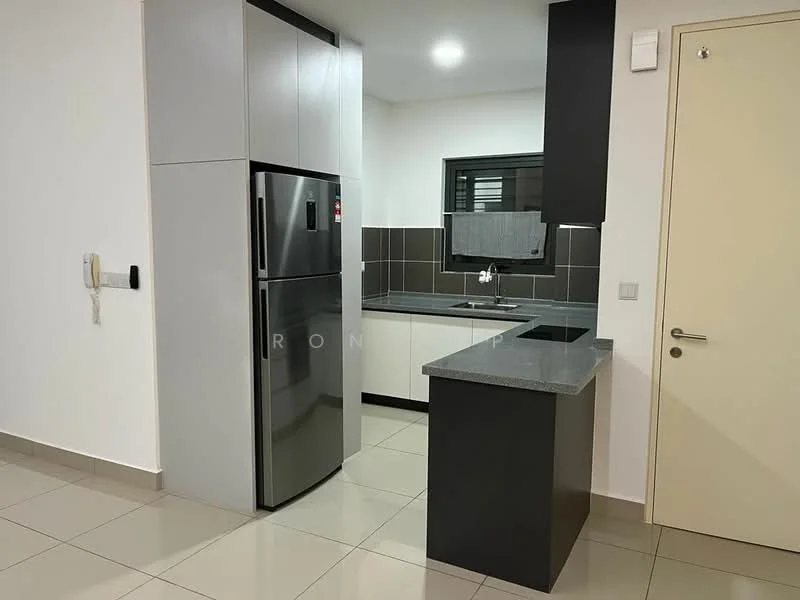 Kitchen features: grey cabinetry, black countertop, stainless-steel fridge, built-in oven, ceramic tile flooring, white painted walls, black backsplash, single-bowl stainless-steel sink, chrome pull-down faucet, window with grey curtain, recessed downlights; style: modern.