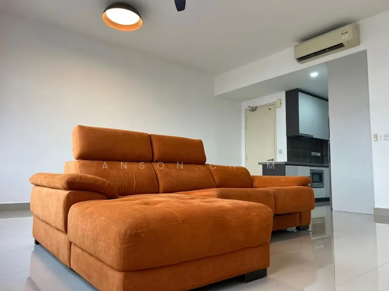 Living features: orange fabric sectional sofa, recessed ceiling light, wall-mounted air conditioning unit, glossy white tile flooring, neutral painted walls, open layout to kitchen, large window for natural light; style: modern.