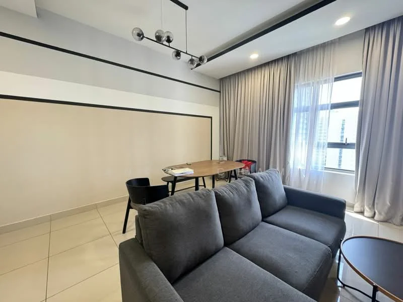 Living features: grey fabric sofa, round side table, dining table with wooden top, black dining chairs, floor-to-ceiling windows, sheer curtains, recessed downlights, white painted walls, cream tiled flooring, black ceiling light fixture; style: modern; view: city.