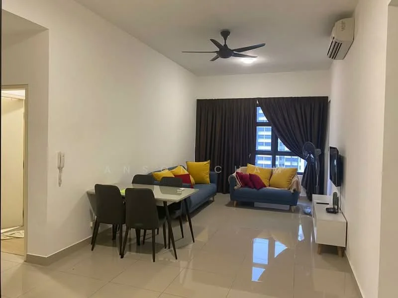 Living features: 5-blade ceiling fan with light, wall-mounted TV, sofa in blue with colorful cushions, dining table with 4 chairs, white TV console, floor-to-ceiling window with dark curtains, glossy tile flooring, air conditioning unit on wall; style: modern; view: city.