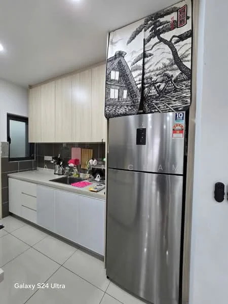 Kitchen features: stainless-steel fridge, white cabinetry, grey countertop, ceramic tile flooring, sink, chrome faucet, built-in oven, microwave, kitchen utensils, wall-mounted cabinet, window, light fixture; style: modern.