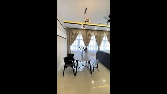 Living features: grey fabric sofa, round dining table, 2 black dining chairs, 5-blade ceiling fan with light, recessed downlights, cream curtains, white walls, glossy tile flooring, decorative vase with flowers; style: modern.