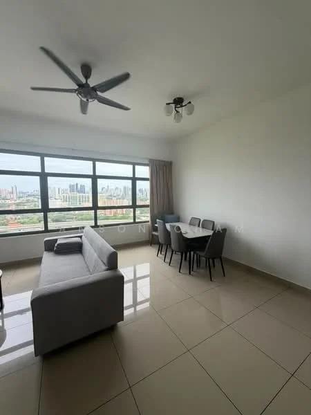 Living features: 3-seater fabric sofa in grey, ceiling fan, 4-seater dining table, upholstered dining chairs, large windows with city view, tile flooring, neutral painted walls, recessed ceiling lights; style: modern; view: city.