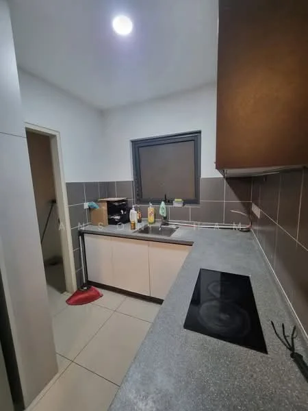 Kitchen features: grey granite countertop, single-bowl stainless-steel sink, chrome pull-down faucet, built-in stove with induction cooktop, white cabinetry with flat-panel doors, tile backsplash in brown, cream tiled flooring, window with grey frame, wall-mounted kitchen utensils holder, cleaning supplies on countertop; style: modern.
