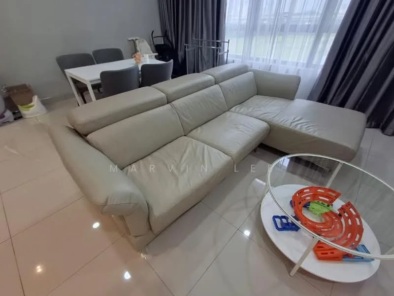 Living features: L-shape sectional sofa in light beige leather, glass coffee table, white dining table with chairs, large windows with sheer curtains, cream painted walls, glossy tile flooring, decorative items on coffee table, floor lamp, area rug; style: modern.