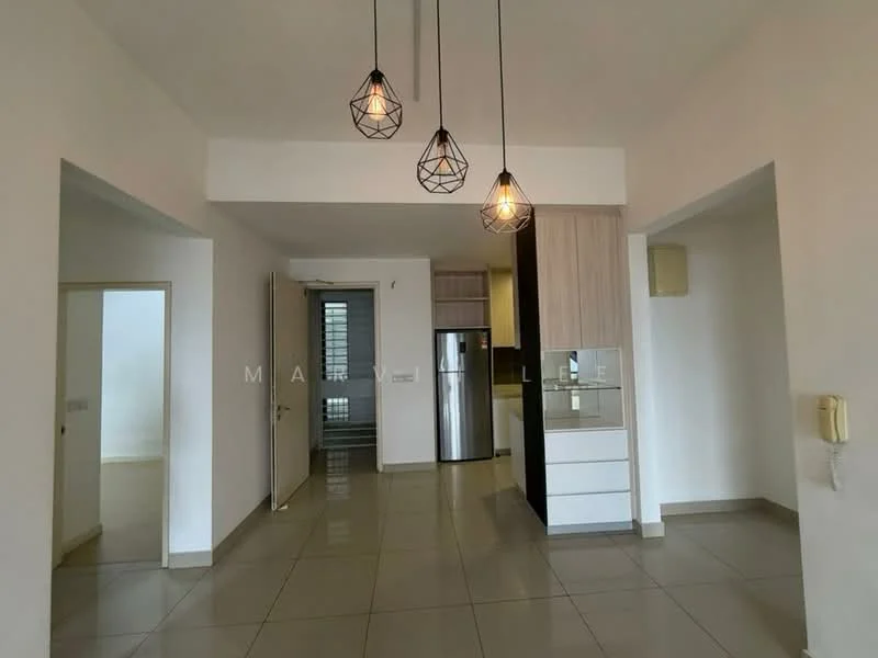 Living features: grey ceramic tile flooring, white painted walls, recessed downlights, 3 pendant lights with geometric design, open layout, kitchen cabinetry with light wood finish, stainless-steel fridge, door leading to hallway, door leading to another room; style: modern.
