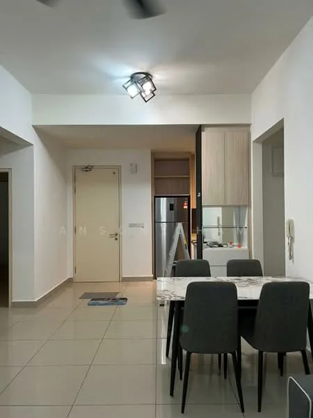 Dining features: dining table with marble top, 4 upholstered dining chairs, wall-mounted light fixture, white painted walls, grey tiled flooring, refrigerator visible in background, open layout to kitchen, ceiling fan with light; style: modern. Room features: white painted walls, grey tiled flooring, doorway leading to hallway, kitchen area visible in background.