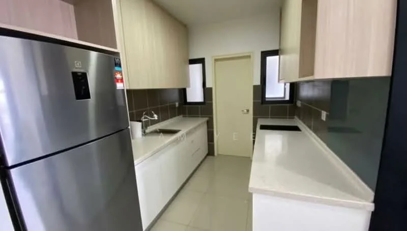 Kitchen features: stainless-steel fridge, white cabinetry, light wood upper cabinets, white countertop, black backsplash, single-bowl stainless-steel sink, chrome pull-down faucet, built-in stove, tile flooring, two windows, door to hallway; style: modern.