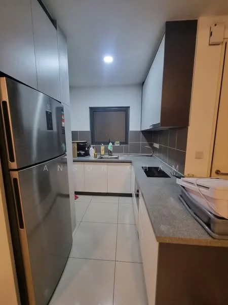 Kitchen features: stainless-steel fridge, built-in oven, 4-burner gas hob, single-bowl stainless-steel sink, chrome pull-down faucet, grey granite countertop, white cabinetry, tile backsplash, white tiled flooring, recessed LED downlights, window with dark frame; style: modern.