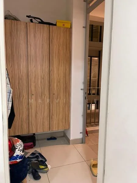 Room features: wooden cabinetry with multiple doors, tile flooring, white walls, visible shoes on the floor, clothing items on the floor, doorway leading to another space, natural light from outside; style: modern.