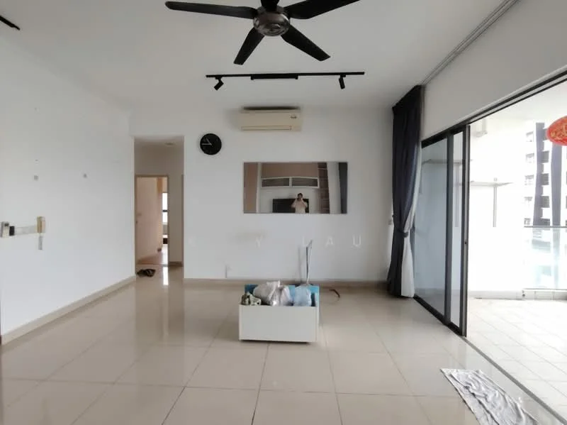 Living features: white painted walls, cream tiled flooring, 5-blade ceiling fan with light, wall-mounted air conditioning unit, large mirror, floor-to-ceiling windows, sliding glass door, curtains, clock on wall, decorative items on coffee table; style: modern; view: pool.