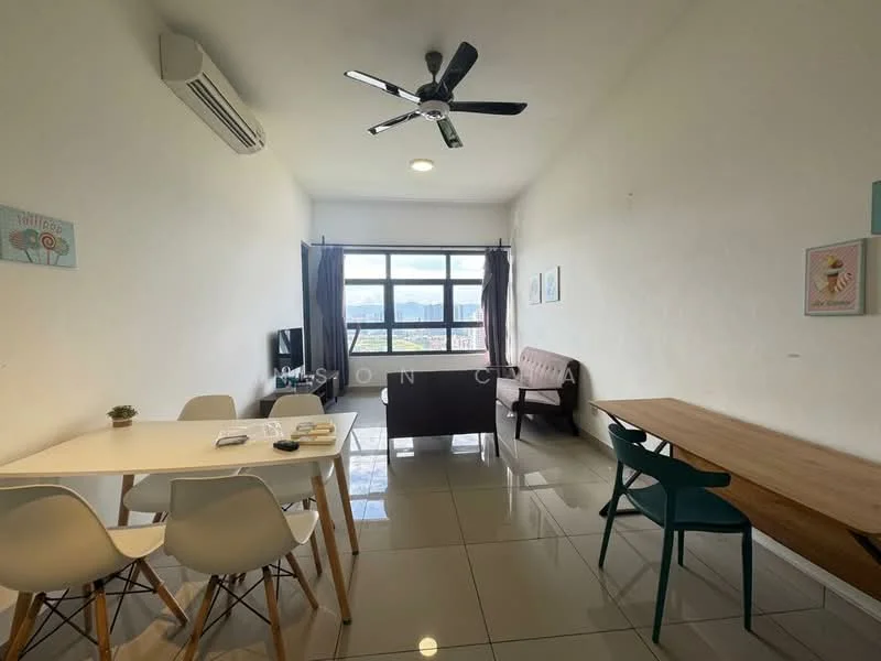 Living features: 5-blade ceiling fan with light, floor-to-ceiling windows, grey fabric sofa, white dining table, 4 white dining chairs, wooden dining bench, light grey tiled flooring, air conditioning unit, curtains, decorative wall art; style: modern; view: city.