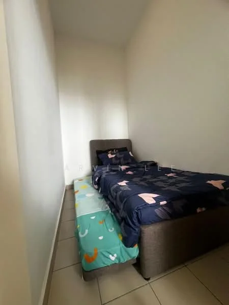 Bedroom features: single bed, mattress with patterned bedding, light-colored walls, tile flooring, window with natural light, bedside area with additional bedding, minimalist decor; style: modern.
