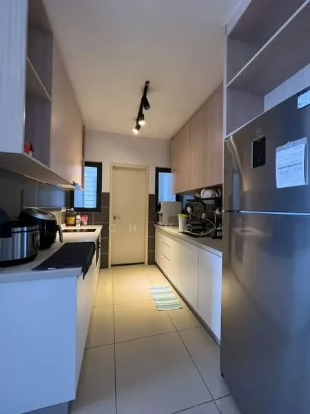 Kitchen features: light wood cabinetry, white countertops, stainless-steel fridge, built-in oven, ceramic tile flooring, recessed ceiling lights, single-bowl stainless-steel sink, chrome pull-down faucet, microwave, kitchen island, open shelving, neutral wall color, window with natural light, dishwasher; style: modern.