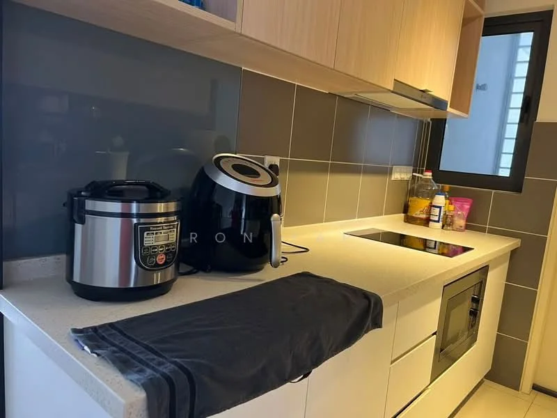Kitchen features: white cabinetry, grey backsplash, light grey countertop, built-in oven, induction cooktop, rice cooker, air fryer, window with view, kitchen towel, appliances in black and silver; style: modern.