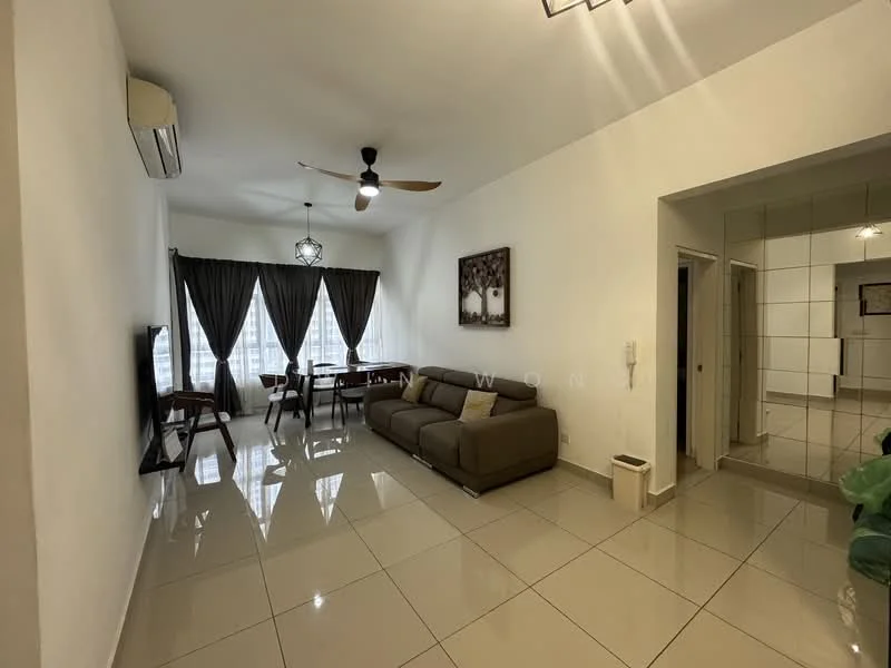 Living features: cream painted walls, glossy ceramic tile flooring, 5-blade ceiling fan with light, sofa in brown fabric, coffee table, wall-mounted TV, dining table with chairs, floor-to-ceiling windows with sheer curtains; style: modern; view: city. Room features: white painted walls, glossy ceramic tile flooring, doorway leading to other rooms, mirror wall.