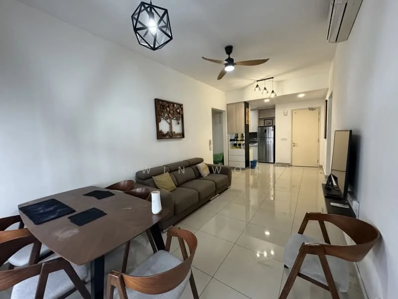 Living features: 3-seater fabric sofa in brown, wooden dining table, 4 wooden dining chairs, floor-to-ceiling windows, white painted walls, glossy tile flooring, ceiling fan, pendant light fixture, wall-mounted TV, air conditioning unit; style: modern. Kitchen features: stainless-steel fridge, built-in cabinets, countertop, microwave, kitchen island; style: modern.
