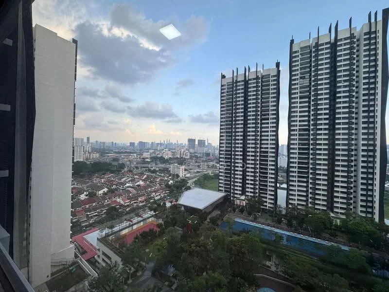 Exterior type: high-rise condominium; features: city skyline view, surrounded by residential buildings, landscaped garden area, swimming pool visible, multiple high-rise towers, urban landscape, balconies on buildings, cloudy sky; style: modern.
