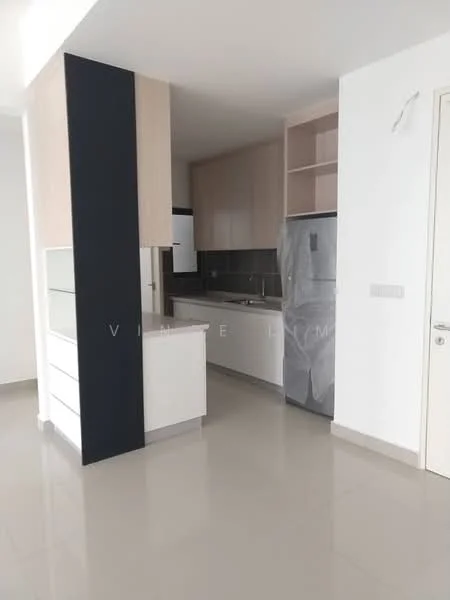 Kitchen features: white cabinetry, light wood cabinetry, grey backsplash, stainless-steel fridge, built-in oven, 4-burner gas hob, single-bowl stainless-steel sink, chrome pull-down faucet, white countertop, tile flooring, recessed downlights; style: modern.