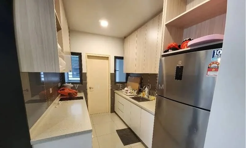 Kitchen features: white shaker cabinets, grey countertop, stainless-steel fridge, built-in oven, ceramic tile flooring, white walls, black backsplash, single-bowl stainless-steel sink, chrome pull-down faucet, window with view to outside, under-cabinet lighting, open shelving; style: modern.