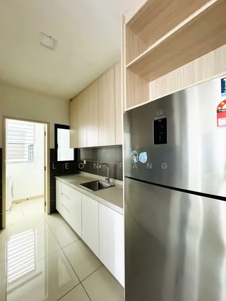 Kitchen features: white cabinetry, light wood upper cabinets, grey countertop, stainless-steel fridge, single-bowl stainless-steel sink, chrome pull-down faucet, ceramic tile flooring, recessed downlights, wall-mounted cabinet, window for natural light; style: modern.