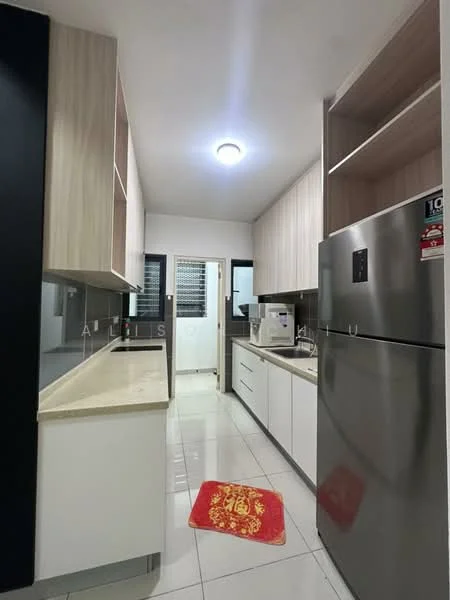 Kitchen features: white cabinetry, wooden upper cabinets, granite countertop, stainless-steel fridge, built-in oven, double-bowl stainless-steel sink, chrome pull-down faucet, ceramic tile flooring, recessed ceiling lights, window with grill, red decorative rug; style: modern.
