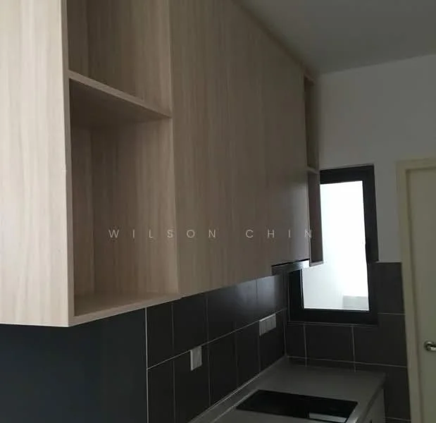 Kitchen features: light wood cabinetry, grey tiled backsplash, stainless-steel countertop, built-in stove, single-bowl stainless-steel sink, window above sink, under-cabinet lighting, modern cabinet handles; style: modern.