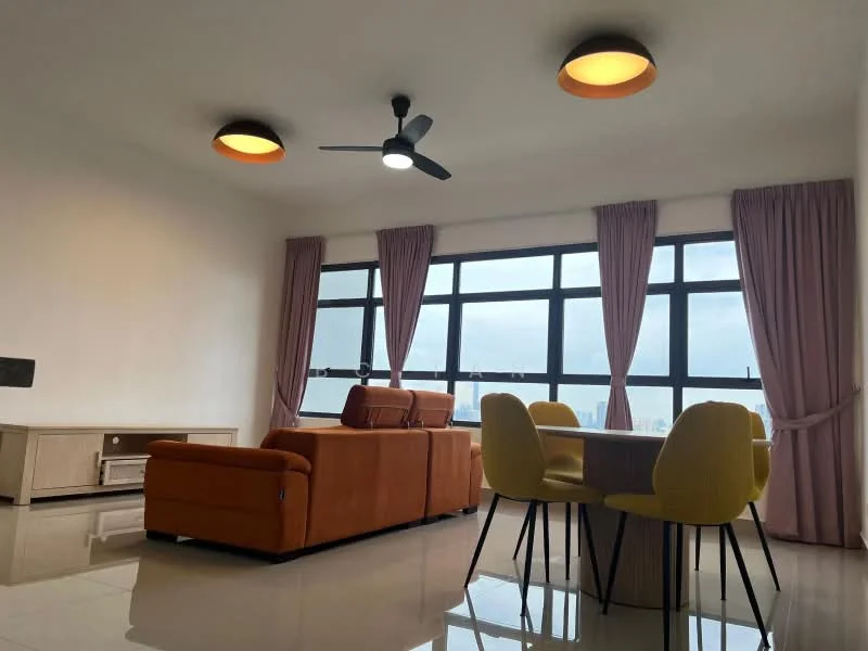 Living features: orange fabric sofa, 3-seater sofa, round dining table, 4 yellow upholstered dining chairs, ceiling fan with light, 2 pendant lights, floor-to-ceiling windows, light grey curtains, polished tile flooring, TV console, decorative wall, neutral painted walls; style: modern; view: city.